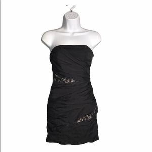 Express | Silk Strapless Ruch Bondage Lace Dress •